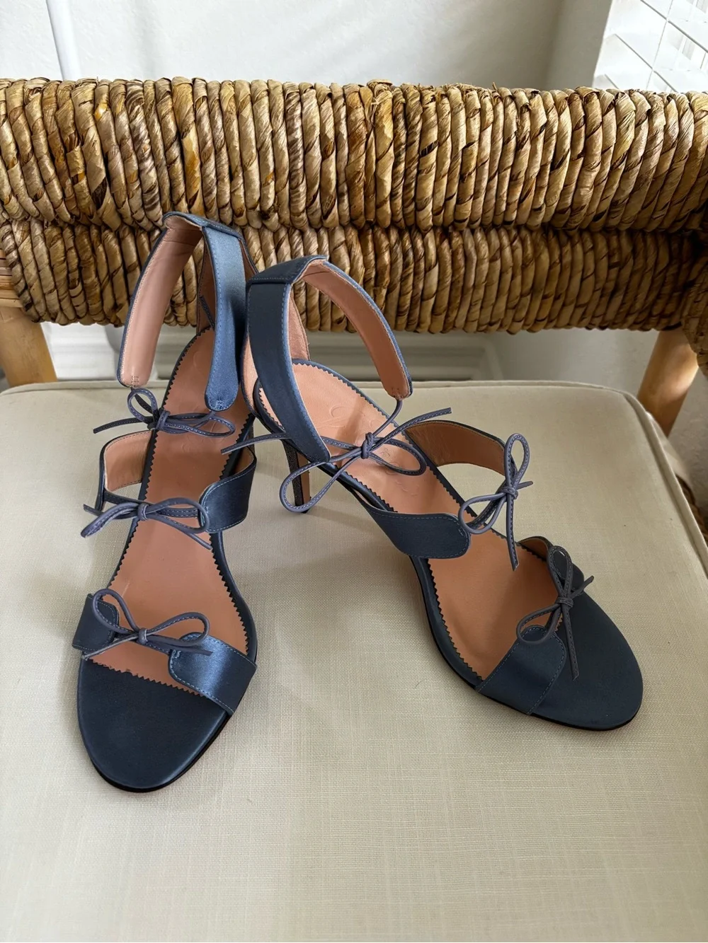 J. Crew Collection “Rylie” Blue Satin Triple Bow/Strap Sexy Heeled Sandal